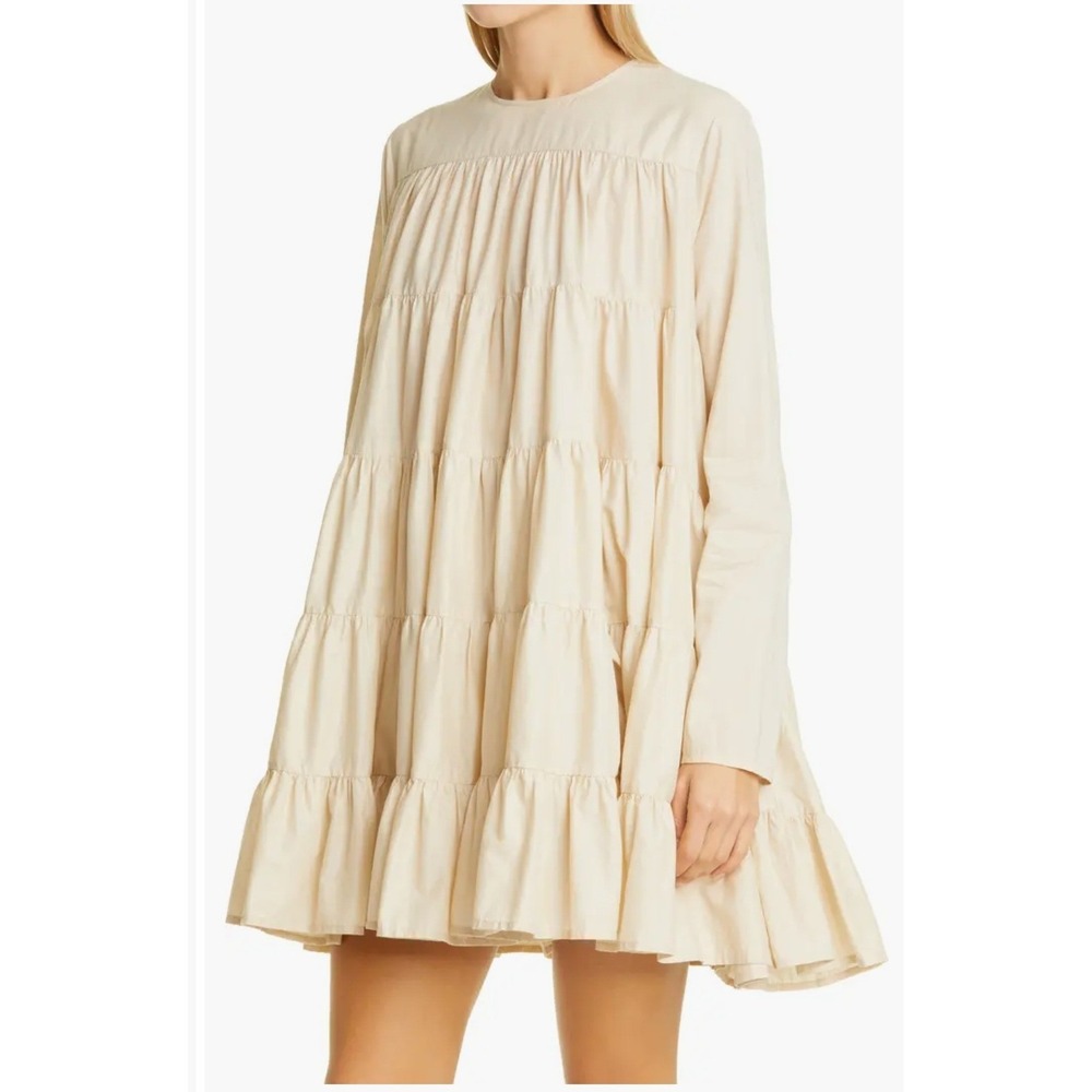Merlette Soliman Tiered Mini Dress‎ Ivory Cream Pima Cotton Long Sleeve Babydoll